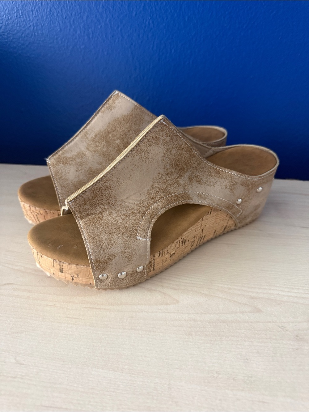 Lumi Tan Cork Wedge Mules with Stud Accents - Size 8